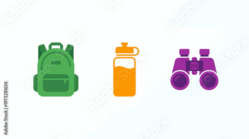 Hiking Gear Icons Set with Backpack, Water Bottle, and Binoculars – Flat Design Adventure Symbols for Travel and Outdoor Exploration