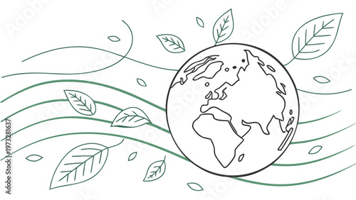 Gentle breeze carries fresh green leaves around a stylized planet Earth, symbolizing environmental care and natural growth.