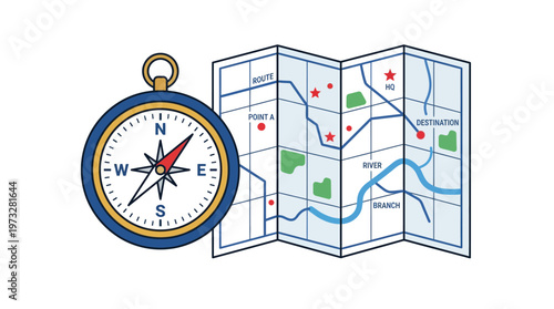 Compass and Folded Paper Map Illustration for Navigation, Business Strategy, and Travel Planning