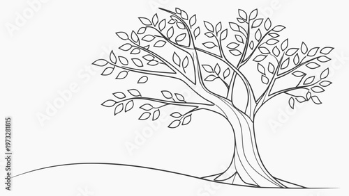 Stylized line art of a mature tree with sweeping branches and lush leaves, symbolizing growth and nature.