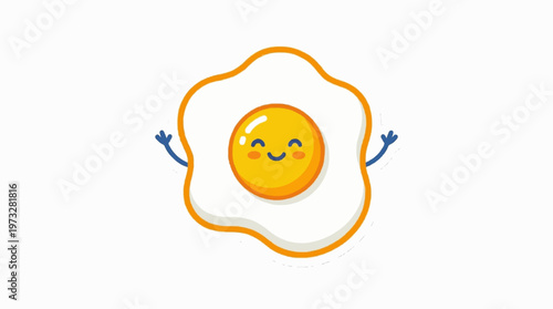 Happy fried egg character with tiny arms waving, sunny side up style, clean flat vector