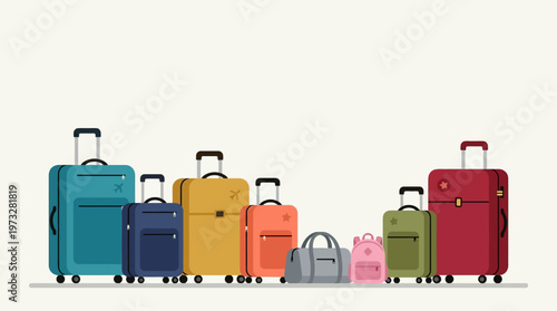 Set of Colorful Suitcases and Travel Bags in Flat Design Style. Minimalist Illustration of Luggage for Tourism and Vacation Concepts.