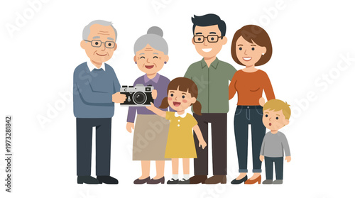 Happy Multi-generational Family with Camera Illustration - Grandparents, Parents, and Children Isolated on White