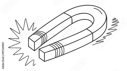 Horseshoe magnet attracting metal with visible energy sparks, symbolizing force and attraction.