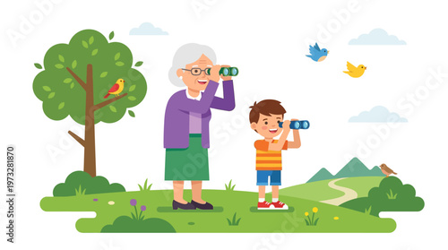 Grandmother and Grandson Birdwatching with Binoculars in a Park, Family Outdoor Adventure Vector Illustration
