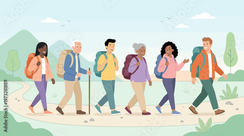 Diverse Multigenerational Group of People Hiking Together on a Mountain Trail Flat Vector Illustration