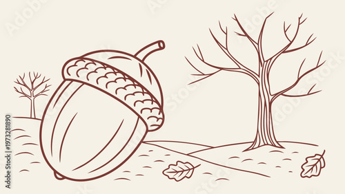 Giant acorn rests in a barren autumn landscape with bare trees and fallen leaves