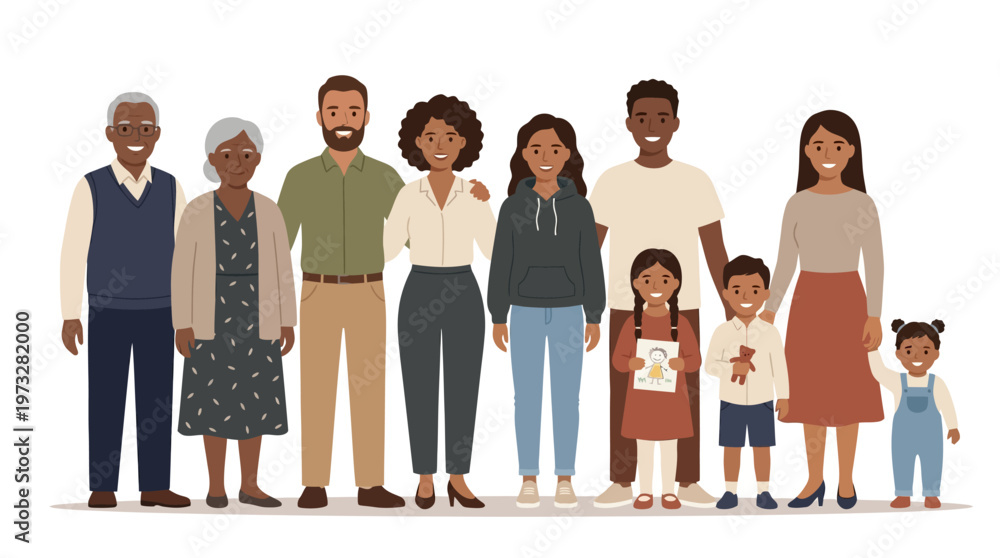 Obraz premium Diverse Multi-Generational Family Portrait Vector Illustration. Large Happy Group of People Standing Together. Inclusivity, Community, and Togetherness Concept.