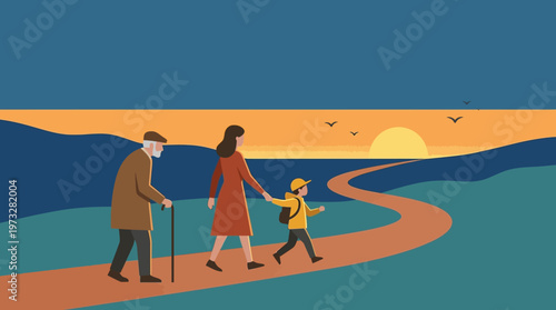 Flat Illustration of Multi-Generational Family Walking Together Along a Winding Path at Sunset