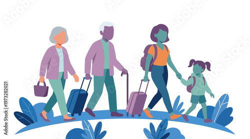 Multi-generational Family Traveling with Suitcases and Luggage, Flat Vector Illustration of Grandparents, Mother and Child on Vacation