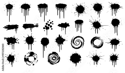 Black Ink Drips and Graffiti Splatter Elements Set Street Art Spray Vector Pack
