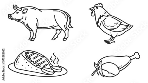 Farm animals and their meat products, illustrated as simple line art