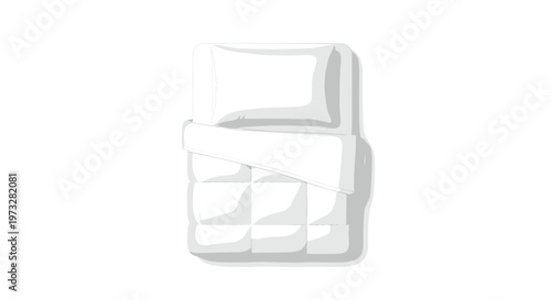 A clean top-down perspective reveals a minimalist single bed with a soft white pillow and a meticulously arranged quilted duvet on a plain white surface.