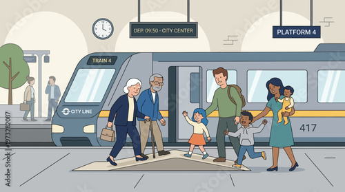 Diverse Multigenerational Families and Seniors Boarding a Modern Train at a Subway Station with Accessibility Ramp for Inclusive Urban Public Transportation