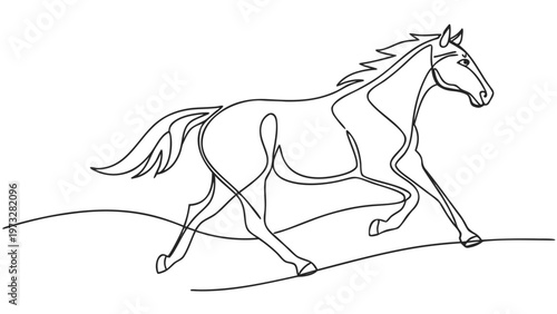 Elegant line drawing of a powerful horse in full stride, conveying movement and grace.