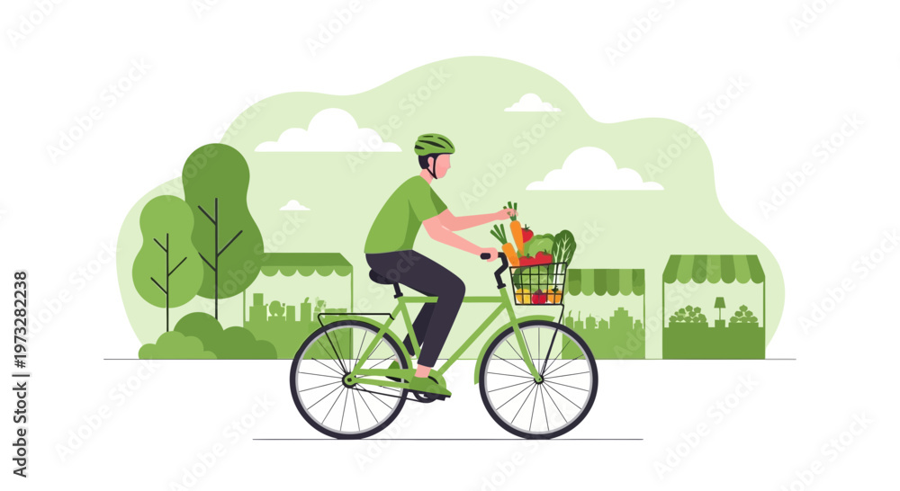 Naklejka premium Eco-friendly delivery: Man on bicycle with groceries in basket, urban market background