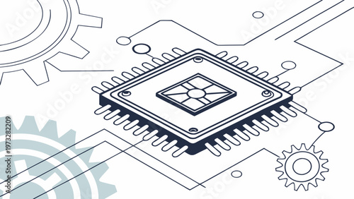 Detailed illustration of a central processing unit with surrounding gears and circuitry representing technology and innovation.