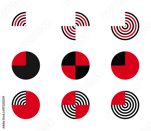 Abstract circular segments with spiral line pattern, red and black striped round shapes isolated on white background vector set.