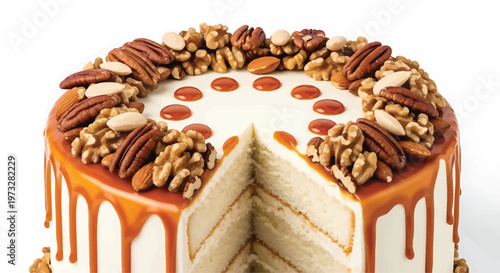 Caramel Pecan Cake with Slice Removed on White Background