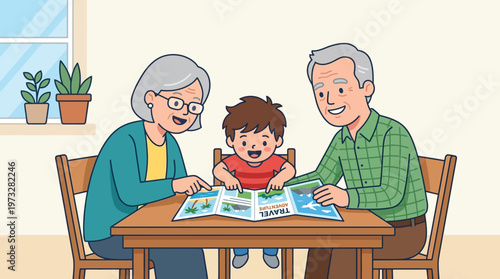 Grandparents and Grandson Planning a Vacation Adventure with a Map at Home, Flat Vector Illustration of Multi-generational Family Bonding and Travel Preparation
