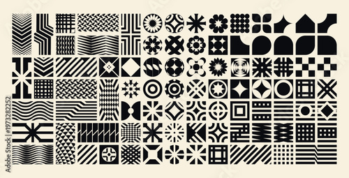 Large set of black and white y2k geometric abstract shapes, minimalist vector elements, and Swiss design symbols for modern graphic patterns.