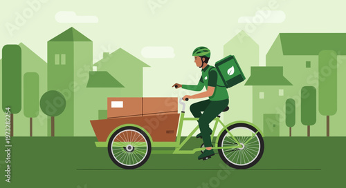 Eco-friendly delivery person riding a cargo bike through a green city