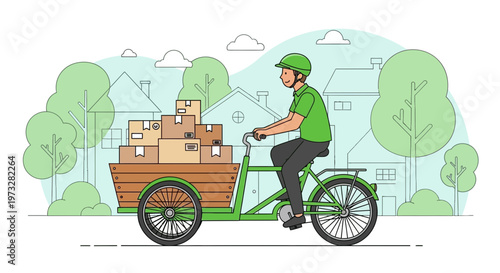 Eco-friendly delivery person riding a cargo bike loaded with packages through a suburban neighborhood.