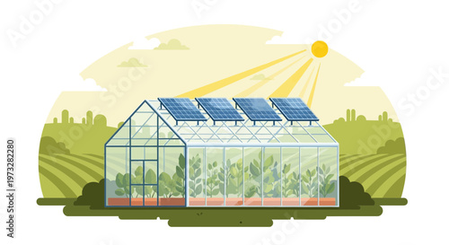 Eco-friendly greenhouse with solar panels on roof, growing plants, sustainable agriculture concept