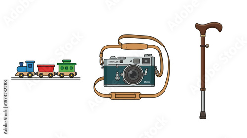 Stages of Life Concept Illustration with Toy Train, Vintage Camera, and Walking Cane Isolated on White