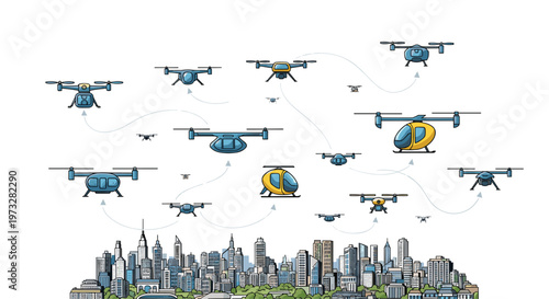 A complex network of autonomous delivery drones flies across a detailed urban city skyline featuring numerous skyscrapers under a bright and clear white sky.