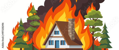 A dramatic scene of a house engulfed in fire, surrounded by trees, symbolizing a theme of destruction and the impact of wildfires on nature and human habitats, illustrating urgency.