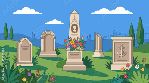 A serene illustration of a graveyard featuring tombstones adorned with flowers, representing remembrance, peace, and a tribute to those who have passed.