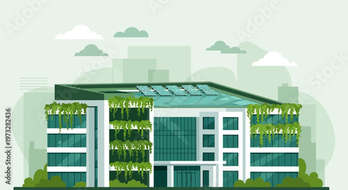 Eco-friendly modern building with green vertical gardens and solar panels