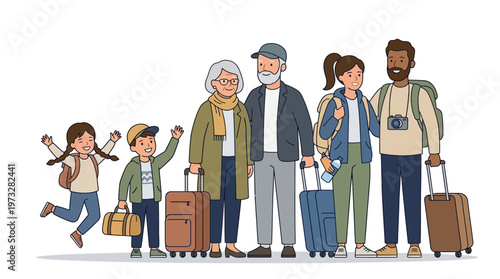 Happy Diverse Multi-generational Family Traveling with Luggage Vector Illustration
