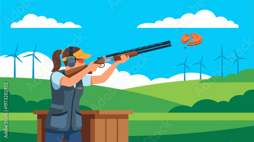 A skilled shooter takes aim at a clay target amidst a vibrant landscape of green fields and wind turbines, showcasing the sport of shooting. The moment captures focus and precision.