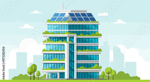 Eco-friendly modern skyscraper with solar panels and green terraces, sustainable urban architecture