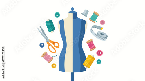 A creative composition featuring a tailor's mannequin at the center, with various sewing tools and colorful threads surrounding it, promoting the art of sewing and creativity.