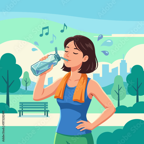 A woman refreshes herself by drinking water after exercising in a beautiful park, capturing the essence of health, fitness, and vitality amidst a cheerful atmosphere.