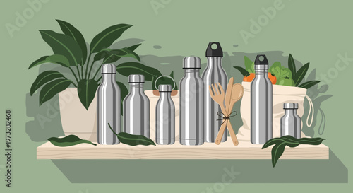 Eco-friendly reusable metal water bottles and plants on a shelf, sustainable lifestyle concept