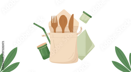 Eco-friendly reusable cutlery set in a cloth bag with straw and containers