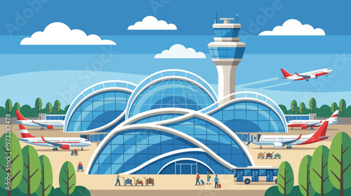 A vibrant illustration of a modern airport terminal bustling with passengers, showcasing the convenience of travel with sleek designs and efficient operations in aviation.
