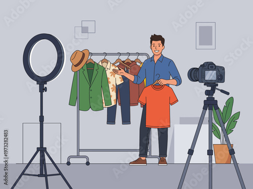 A bright and engaging image of a man holding a shirt in a clothing showroom, highlighting the world of fashion and personal style in a modern shopping environment.