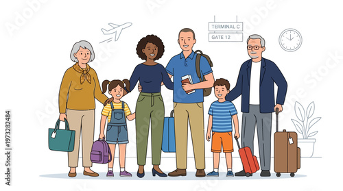 Happy Multi-generational Diverse Family Traveling Together at Airport Terminal with Luggage