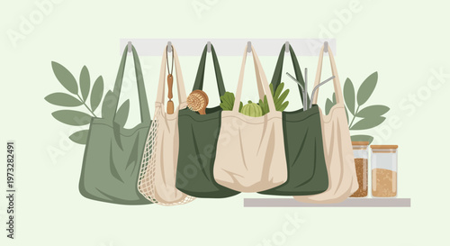 Eco-friendly shopping bags filled with fresh produce and groceries, sustainable lifestyle concept