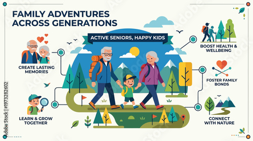 Multigenerational Family Hiking Infographic Illustration with Grandparents and Child Outdoors, Active Seniors Healthy Lifestyle and Family Bonding Concept Vector