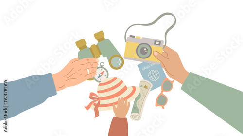 Family Hands Holding Travel Gear and Vacation Essentials for Adventure Planning Illustration