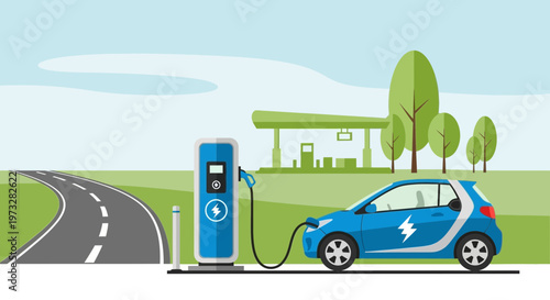 Electric car charging at a modern station in a green landscape with a road and trees
