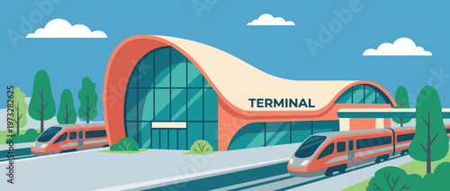 A vibrant illustration of a modern train terminal featuring two approaching trains, encapsulating the essence of travel, architecture, and the joy of exploration.