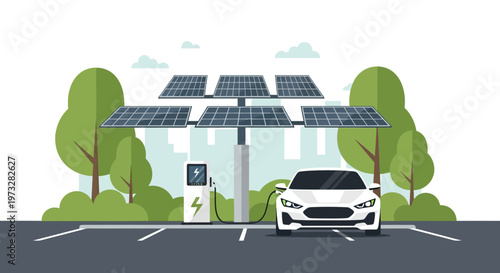 Electric car charging at solar powered station, sustainable energy, green technology