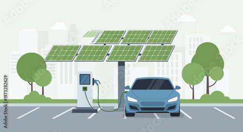 Electric car charging at solar powered station in modern city, sustainable energy concept